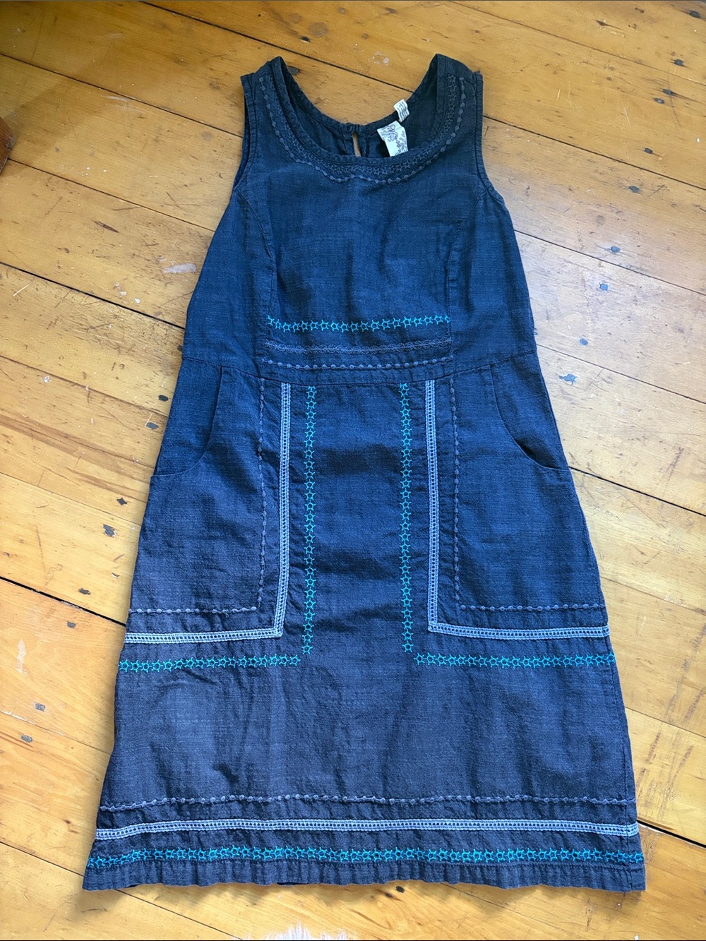 Aventura Navy Sleeveless Dress with Teal Embroidery
